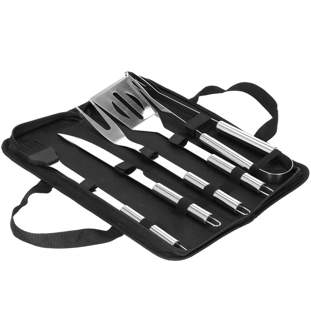 Set ustensile gratar 5 piese, inox, cu husa transport, 37x14x5 cm, argintiu