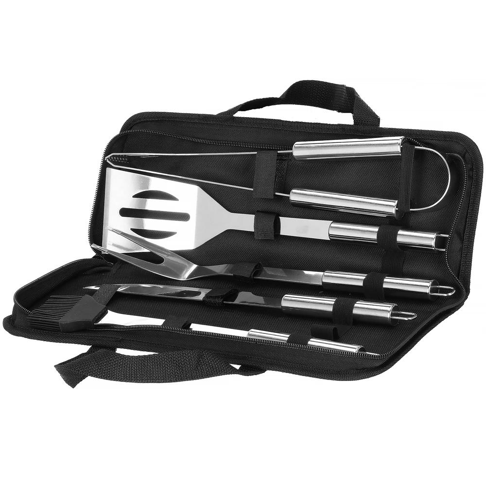 Set ustensile gratar 5 piese, inox, cu husa transport, 37x14x5 cm, argintiu