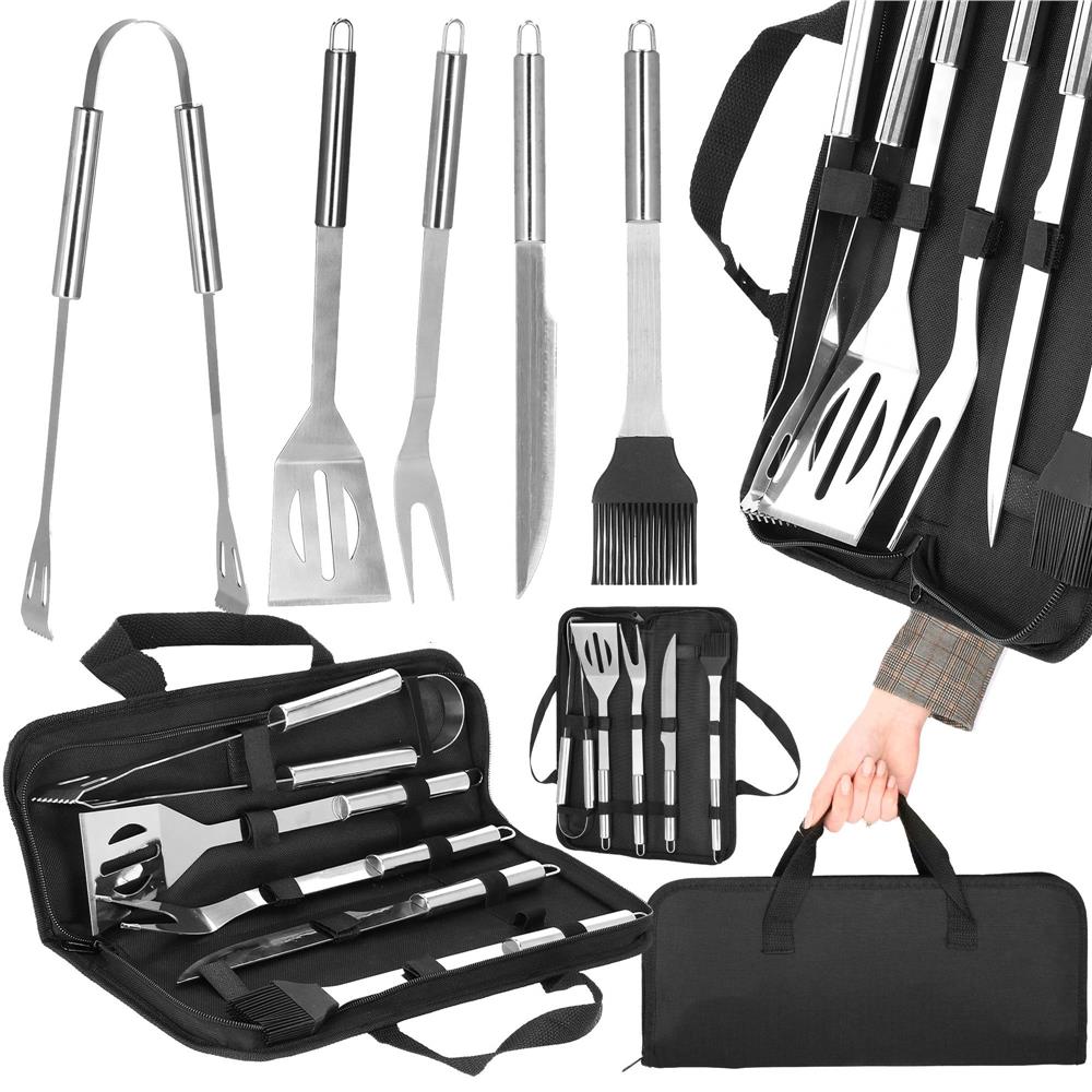 Set ustensile gratar 5 piese, inox, cu husa transport, 37x14x5 cm, argintiu