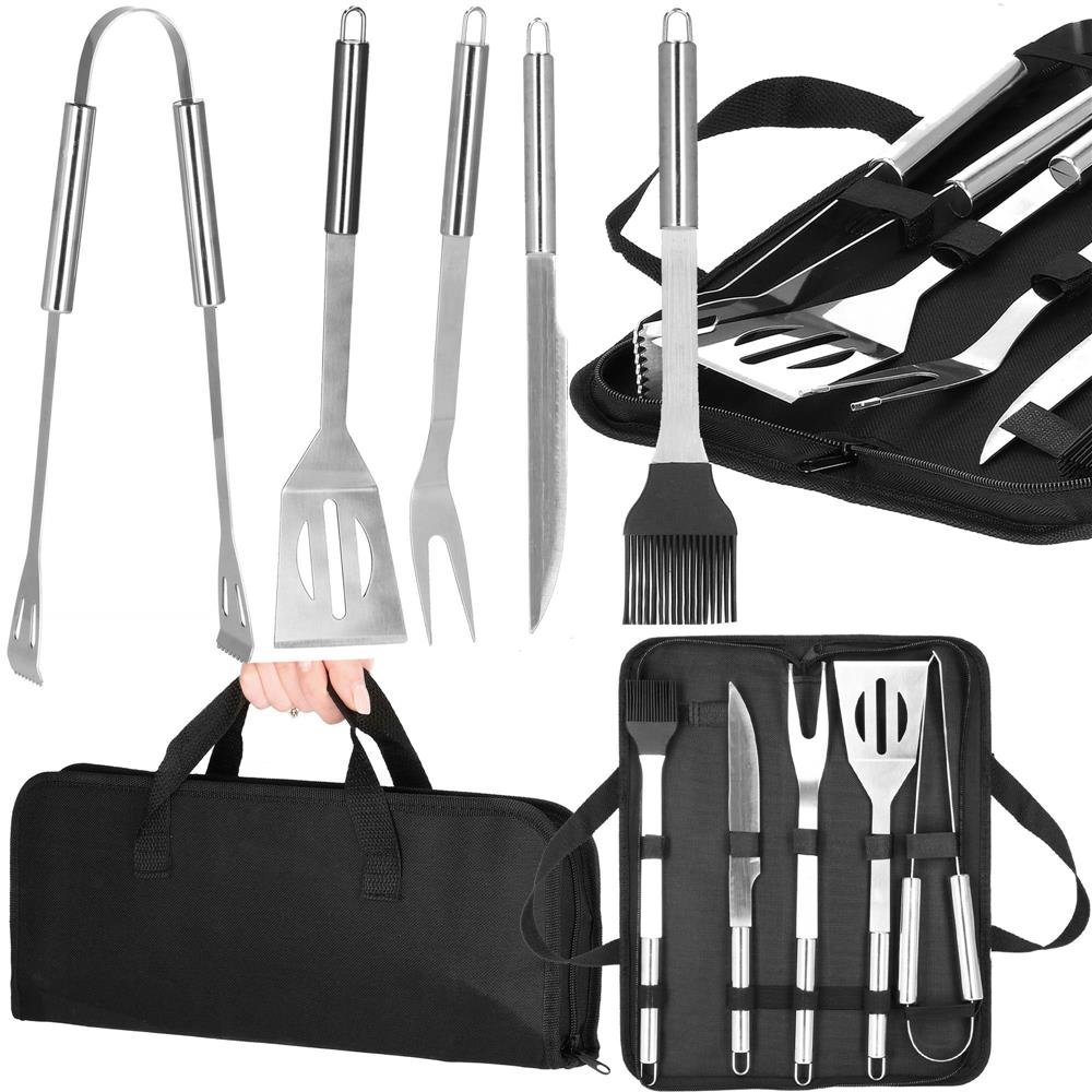 Set ustensile gratar 5 piese, inox, cu husa transport, 37x14x5 cm, argintiu