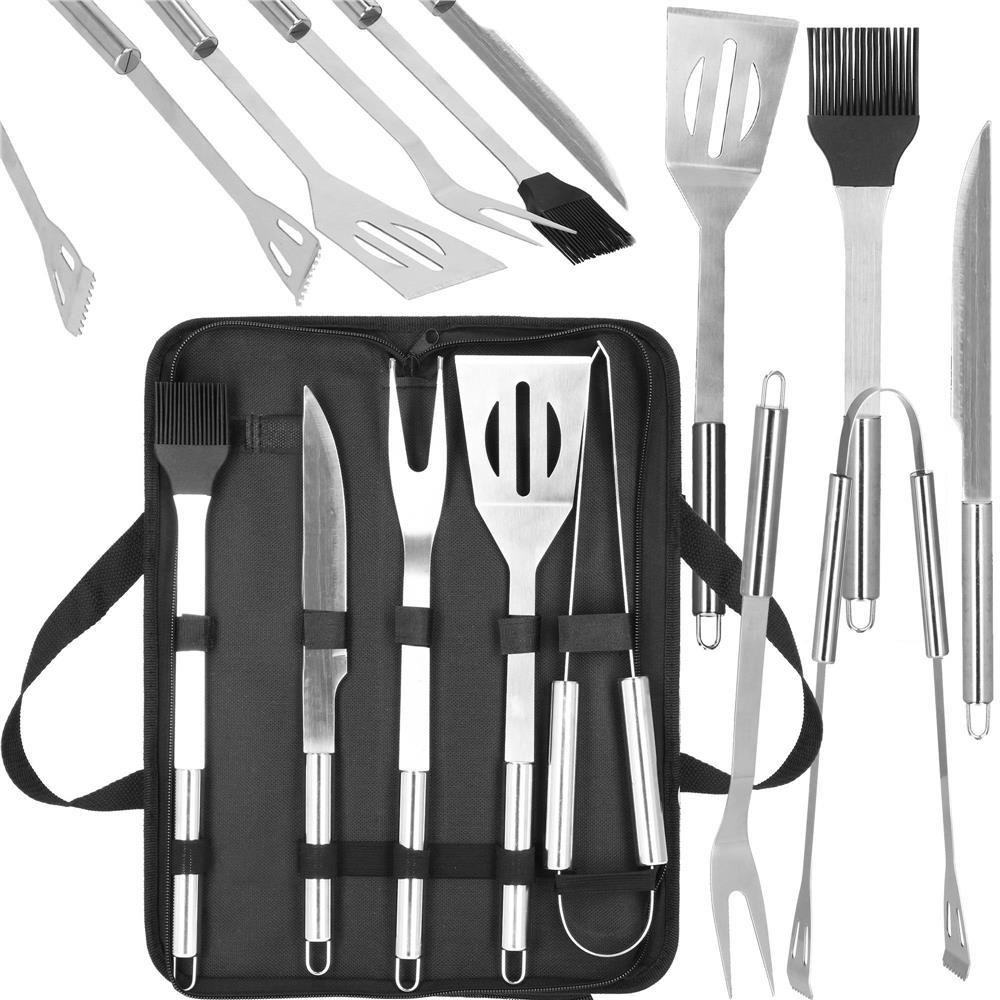 Set ustensile gratar 5 piese, inox, cu husa transport, 37x14x5 cm, argintiu