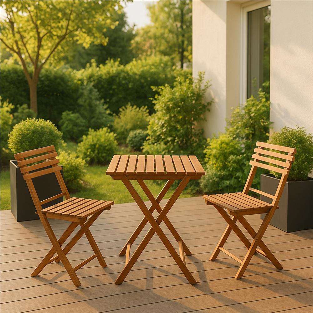 Set mobilier balcon sau terasa din lemn de fag, pliabil, masa 52x51x65 cm si 2 scaune, maro