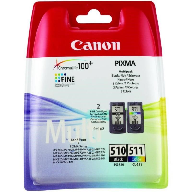Combo-Pack Original Canon Black/Color, PG-510/CL-511, pentru Pixma IP2700|MP230|MP240|MP250|MP260|MP270|MP280|MP282|MP480|MP490|MP495|MX320|MX330|MX340|MX350|MX360|MX410|MX420,, 
