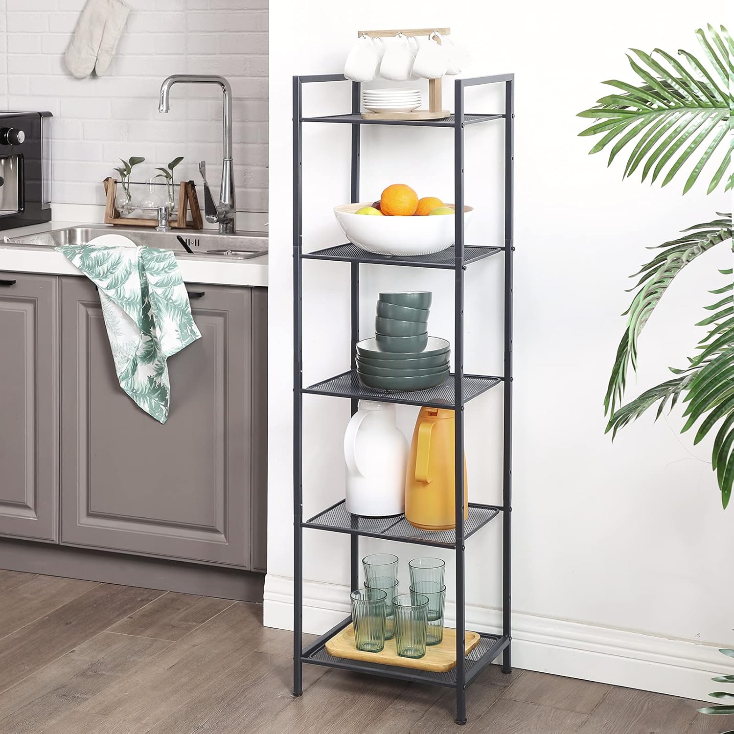 SONGMICS Etajera metalica 5 niveluri, raft ajustabil, pentru baie, bucatarie sau living, 38x30x128 cm, negru