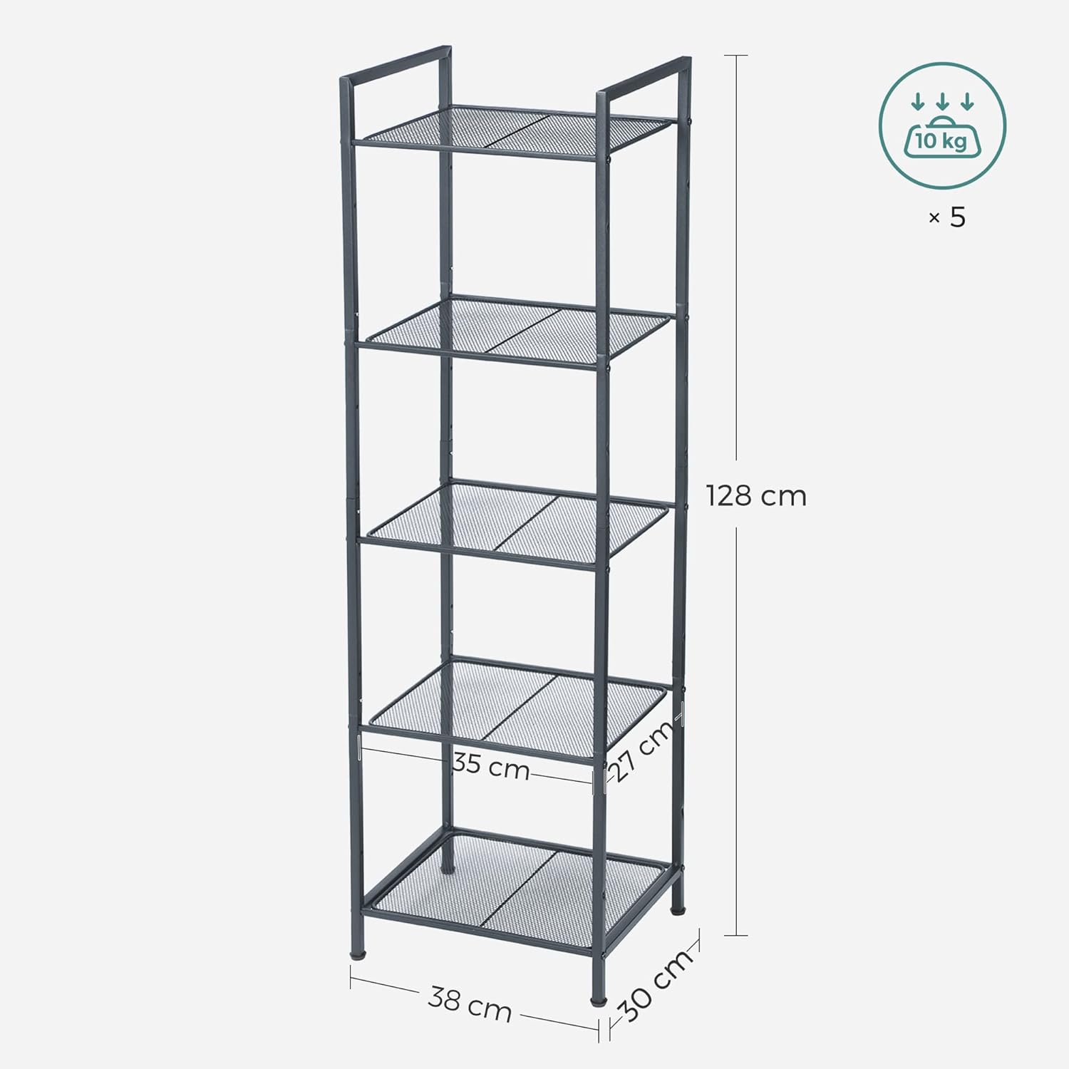 SONGMICS Etajera metalica 5 niveluri, raft ajustabil, pentru baie, bucatarie sau living, 38x30x128 cm, negru