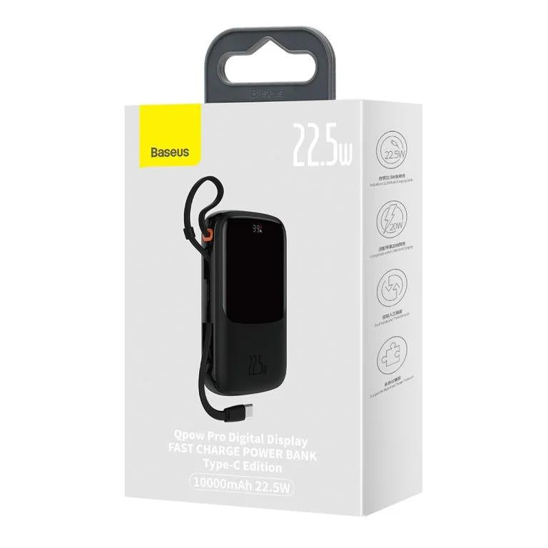POWER BANK Baseus Qpow Pro Digital Display, 10000mAh, 22.5W, 1 x cablu integrat USB Type-C output/input, 1 x USB, 1 x Lightning, negru, "PPQD020101" - 6932172608484