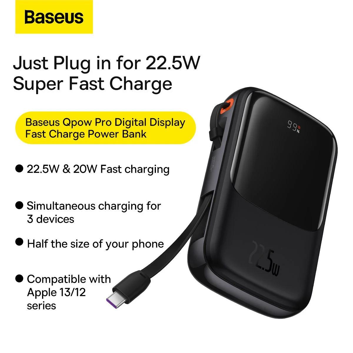 POWER BANK Baseus Qpow Pro Digital Display, 10000mAh, 22.5W, 1 x Cablu integrat USB Type-C output/input, 1 x USB, 1 x Lightning, negru, 