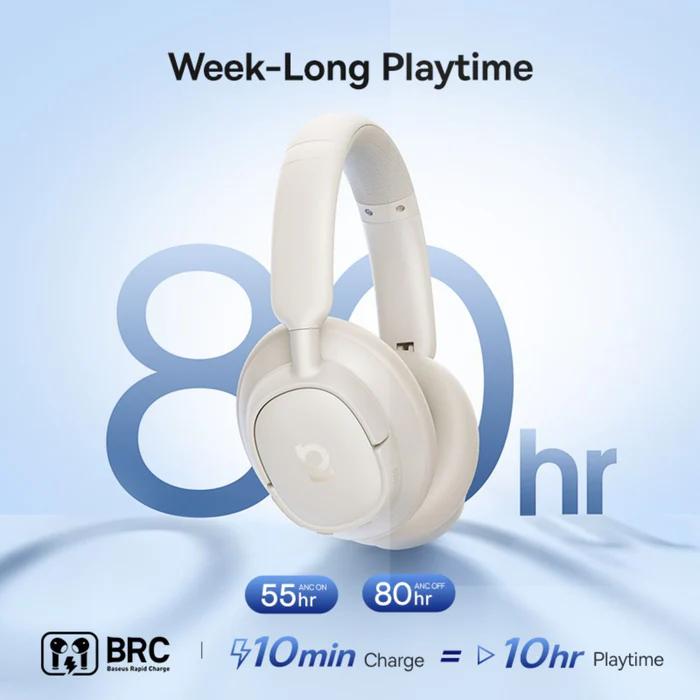 CASTI Baseus Bowie Bass BH1 NC Wireless Noise Cancelling, over ear, 40mm Dynamic Drivers, autonomie 80 ore, microfon pe casca, conectare prin Bluetooth 6.0, alb "A0203702" (timbru verde 0.18 lei) - 6932172697006