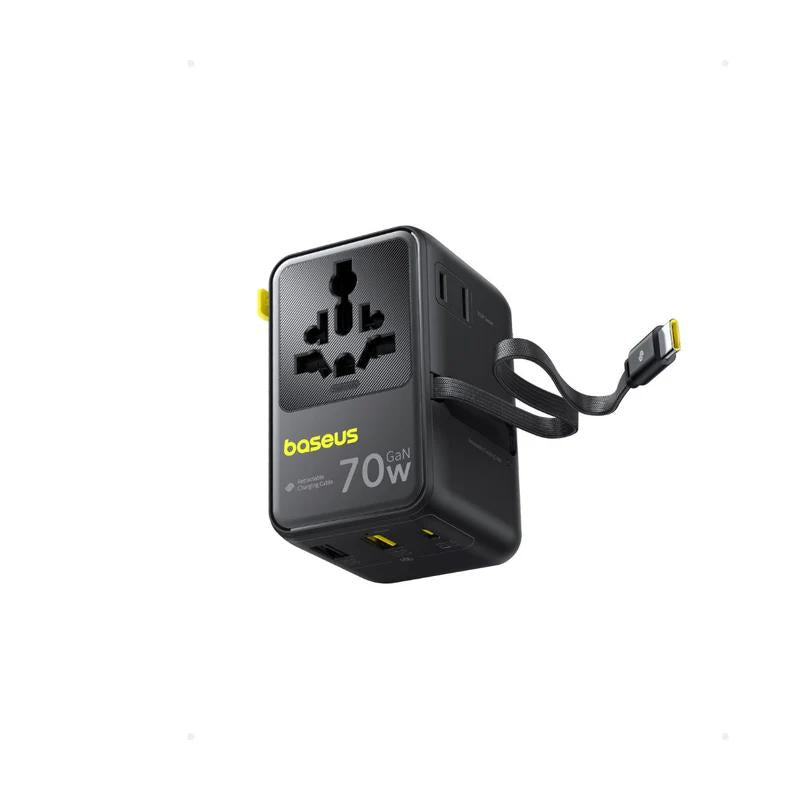 INCARCATOR retea Baseus EnerCore CG11, 70W, adaptor universal de retea, 2 x AC, 2 x USB, 2 x USB Type-C, cablu retractabil USB Type-C, negru "E0307E00" (include TV 0.18lei) - 6932172696474