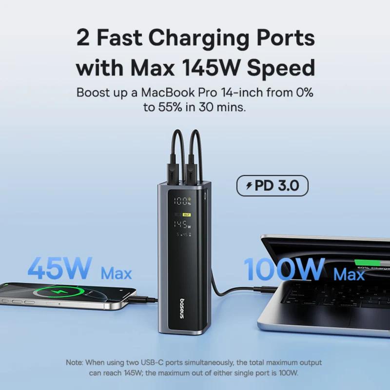 POWER BANK Baseus EnerGeek GP12, 20800mAh, 2 x USB Type-C, 2 x USB, 145W, display, include cablu USB Type-C la USB Type-C 1m, negru, "P10082109813-00" - 6932172687571
