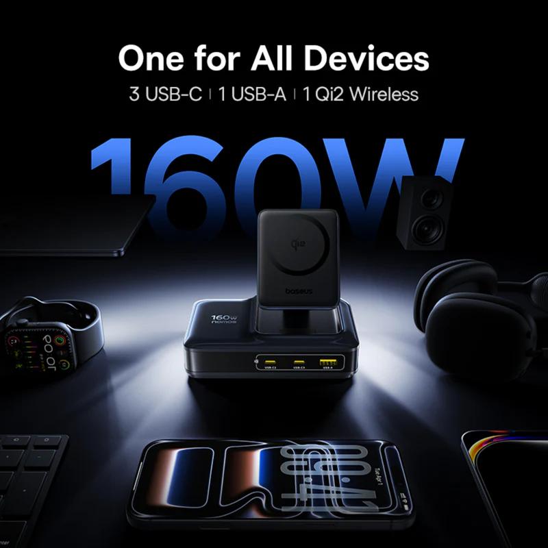 INCARCATOR retea Baseus Nomos NH21 5-in-1, 160W, Qi2 Wireless, 1 x USB, 3 x USB Type-C, cablu retractabil USB Type-C, negru "E0121700" (include TV 0.18lei) - 6953156211834
