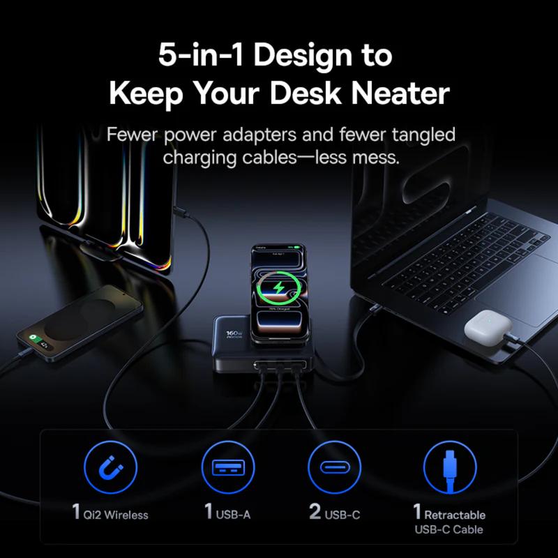 INCARCATOR retea Baseus Nomos NH21 5-in-1, 160W, Qi2 Wireless, 1 x USB, 3 x USB Type-C, cablu retractabil USB Type-C, negru "E0121700" (include TV 0.18lei) - 6953156211834