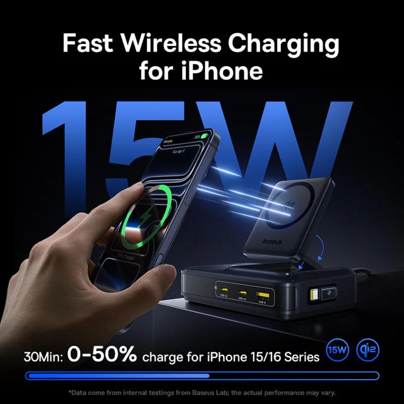 INCARCATOR retea Baseus Nomos NH21 5-in-1, 160W, Qi2 Wireless, 1 x USB, 3 x USB Type-C, cablu retractabil USB Type-C, negru "E0121700" (include TV 0.18lei) - 6953156211834