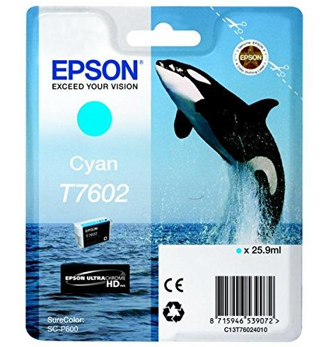 Cartuș Cerneala Original Epson Cyan, T7602, pentru Epson SureColor SC-P600, 25.9ml, 