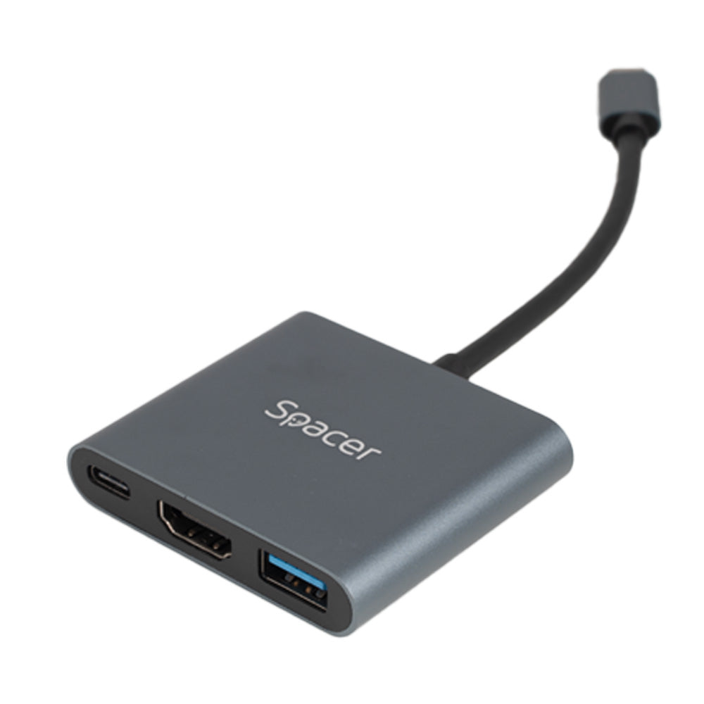 DOCKING Station Spacer universal 3 in 1, conectare Type-C USB 3.1, USB 3.0 x 1, porturi video HDMI x 1, 4K (30Hz), PD 87W, aluminiu, Gri, 45507058 "SPDS-TypeC-HUP-3in1"