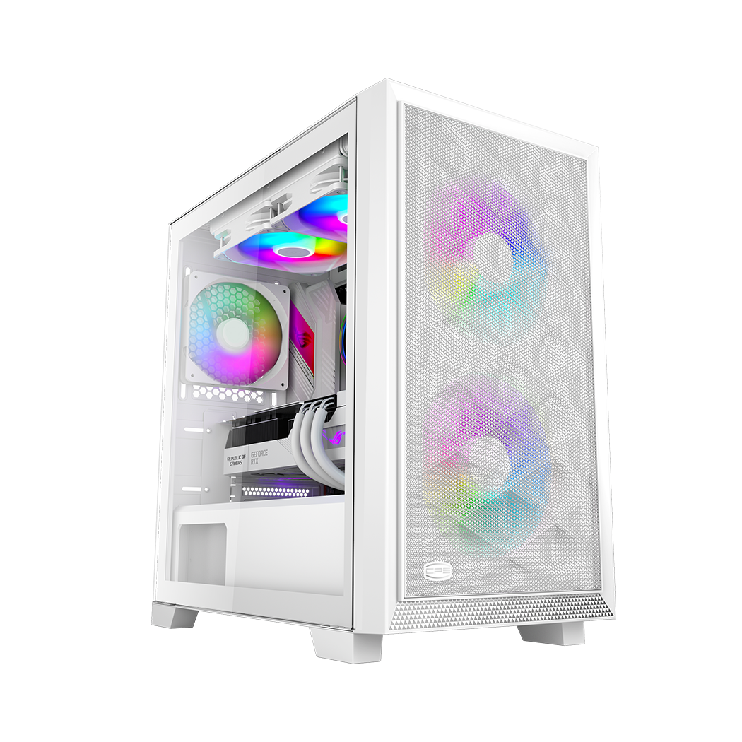 CARCASA PCCOOLER, Mini Tower, mATX, fara sursa, sticla securizata, 2 ventilatoare incluse, iluminare ARGB, alb, USB 3.2 gen 2