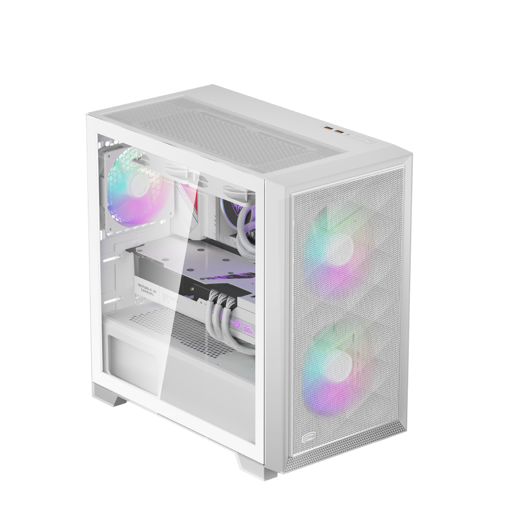 CARCASA PCCOOLER, Mini Tower, mATX, fara sursa, sticla securizata, 2 ventilatoare incluse, iluminare ARGB, alb, USB 3.2 gen 2 x 2, mic, audio, 