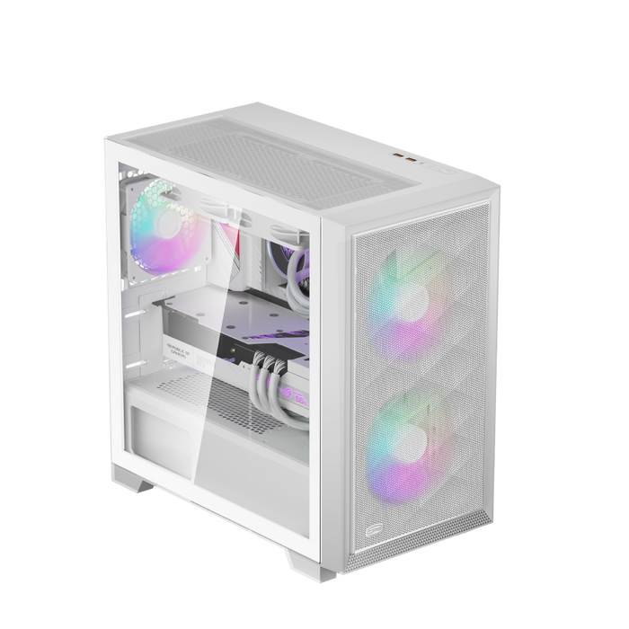 CARCASA PCCOOLER, Mini Tower, mATX, fara sursa, sticla securizata, 2 ventilatoare incluse, iluminare ARGB, alb, USB 3.2 gen 2