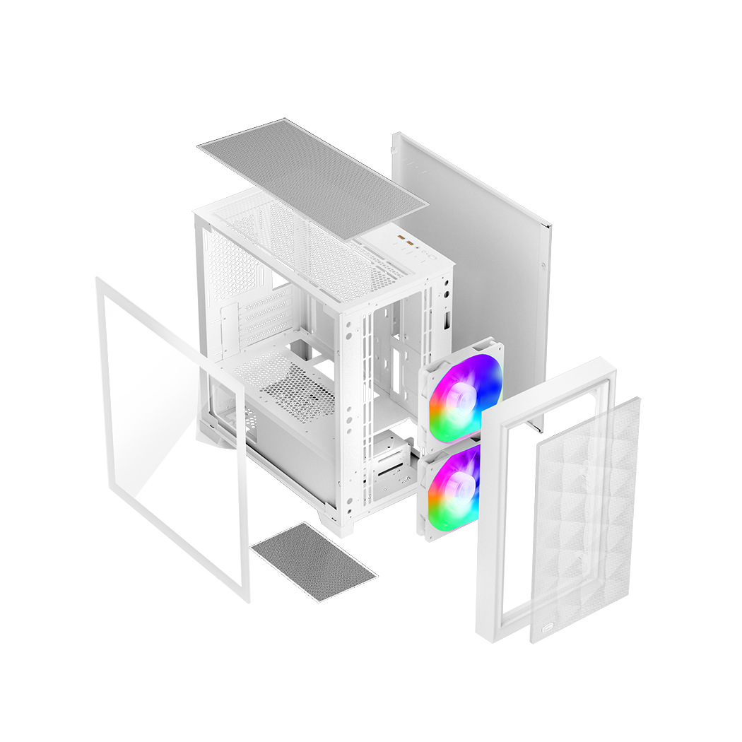 CARCASA PCCOOLER, Mini Tower, mATX, fara sursa, sticla securizata, 2 ventilatoare incluse, iluminare ARGB, alb, USB 3.2 gen 2