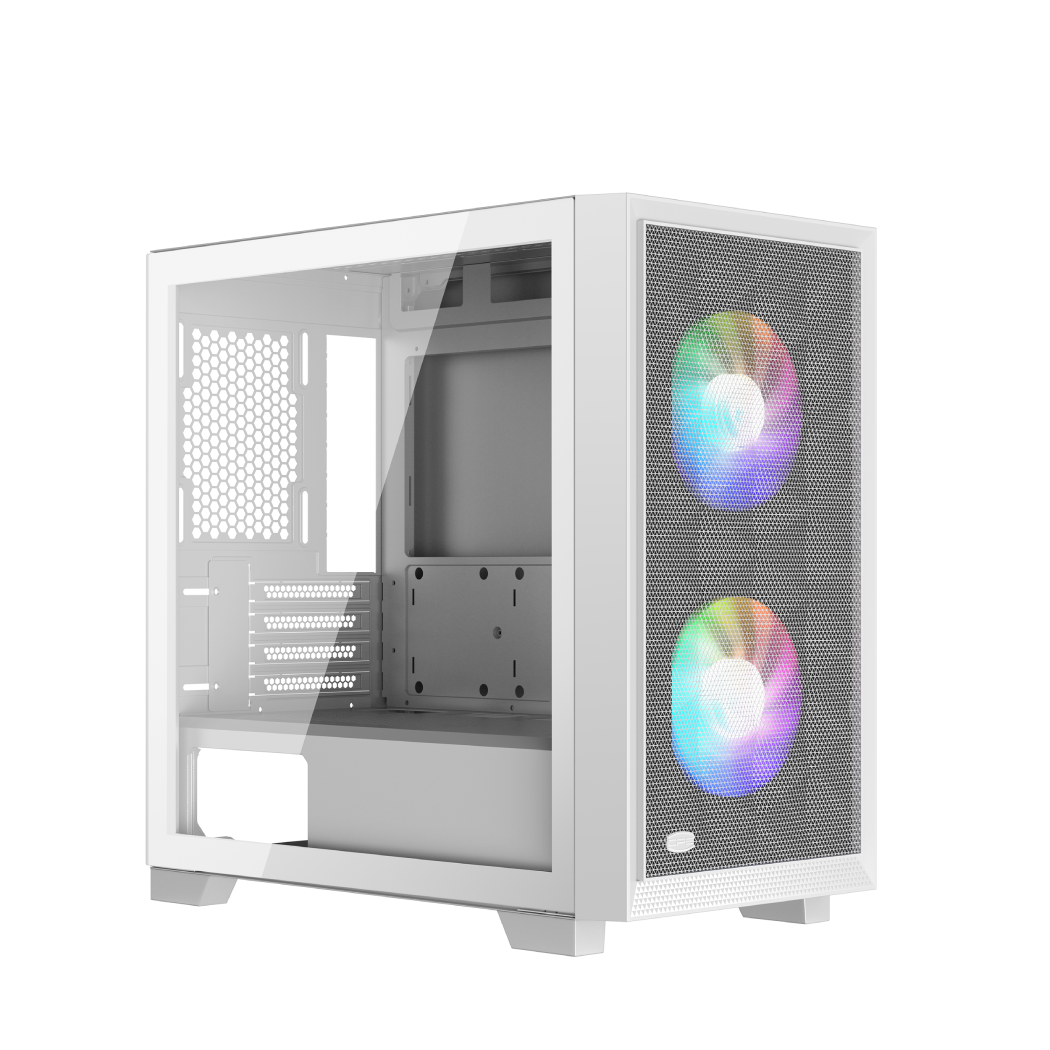 CARCASA PCCOOLER, Mini Tower, mATX, fara sursa, sticla securizata, 2 ventilatoare incluse, iluminare ARGB, alb, USB 3.2 gen 2