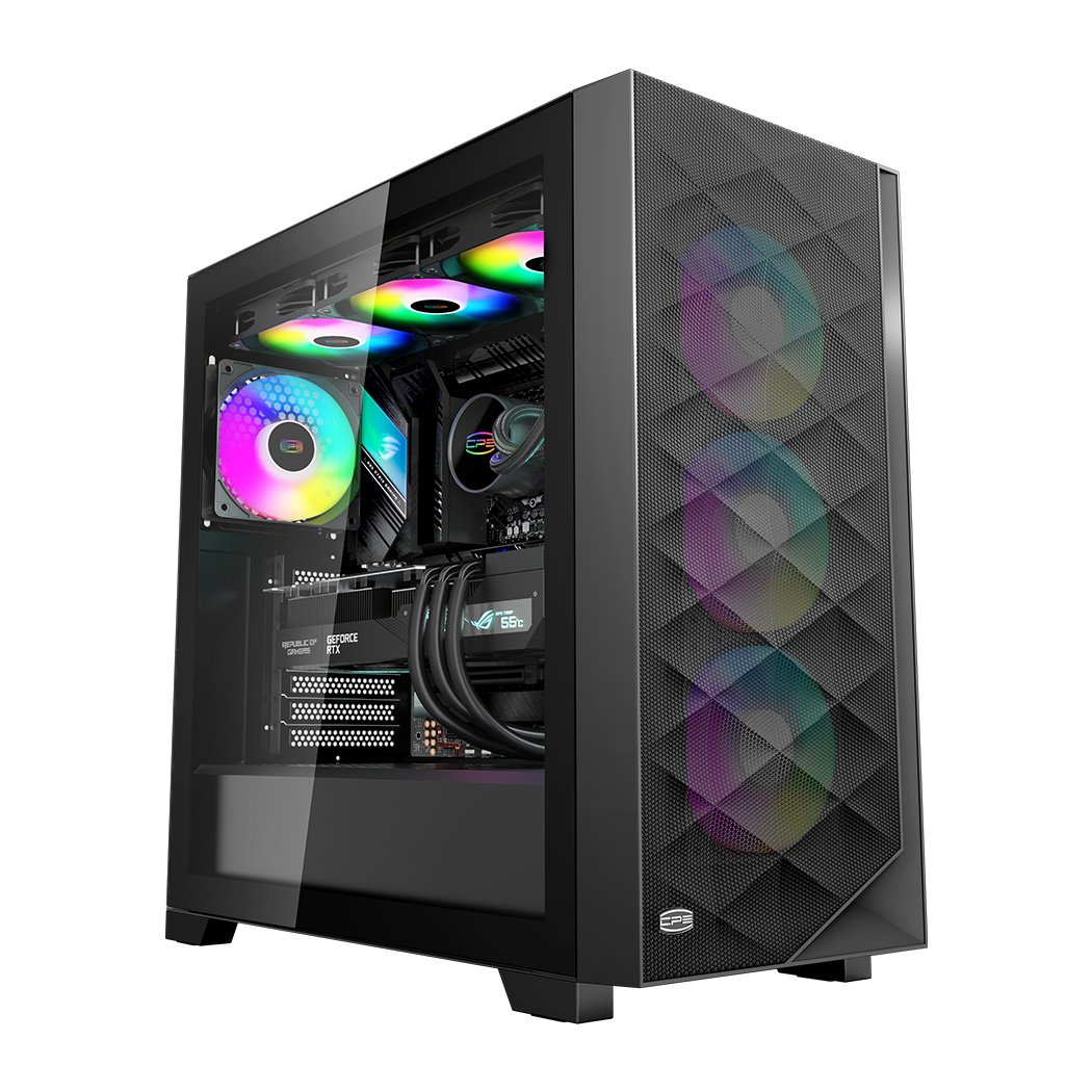 CARCASA PCCOOLER, Middle Tower, ATX, fara sursa, sticla securizata, 3 ventilatoare incluse, iluminare ARGB, negru, USB 3.2 gen 2 x 2, mic, audio, 