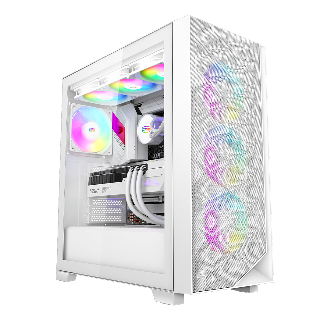 CARCASA PCCOOLER, Middle Tower, ATX, fara sursa, sticla securizata, 3 ventilatoare incluse, iluminare ARGB, alb, USB 3.2 gen 2 x 2, mic, audio, 