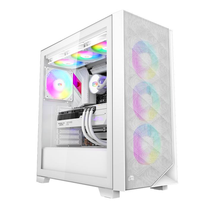 CARCASA PCCOOLER, Middle Tower, ATX, fara sursa, sticla securizata, 3 ventilatoare incluse, iluminare ARGB, alb, USB 3.2 gen