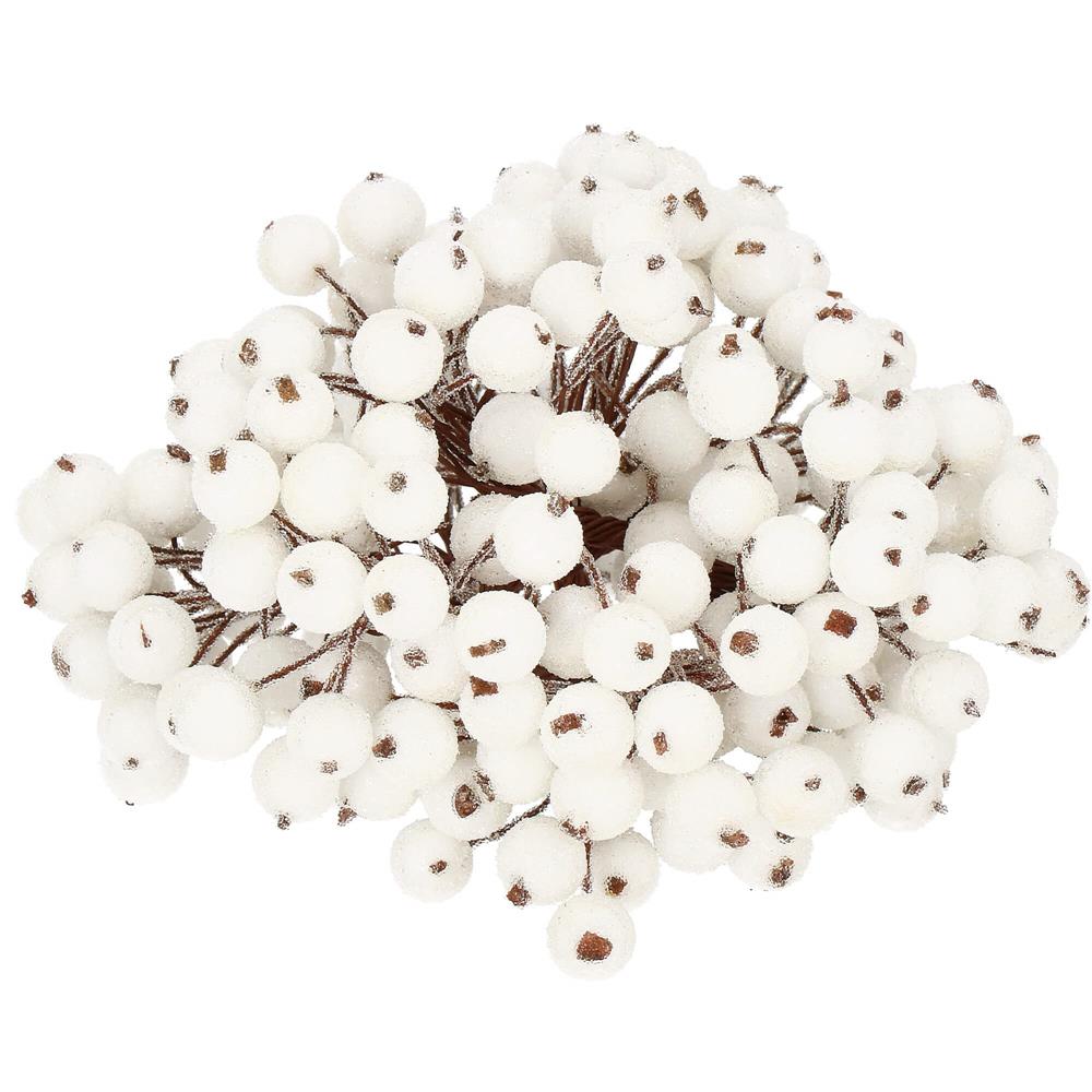 Set decorativ ramuri cu merisoare rosii artificiale inghetate, 15 cm, 200 boabe, alb