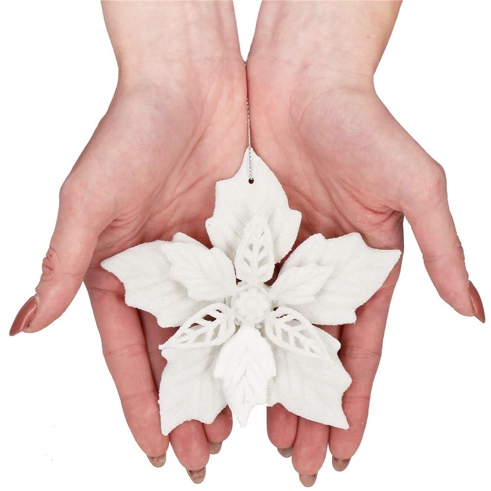 Set 10 flori de Craciun 12 cm, ornamente cu sclipici, plastic, alb