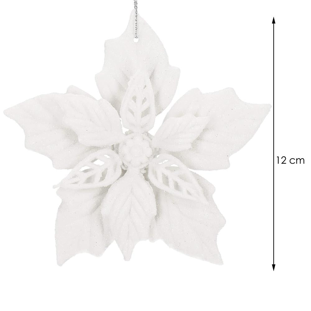 Set 10 flori de Craciun 12 cm, ornamente cu sclipici, plastic, alb