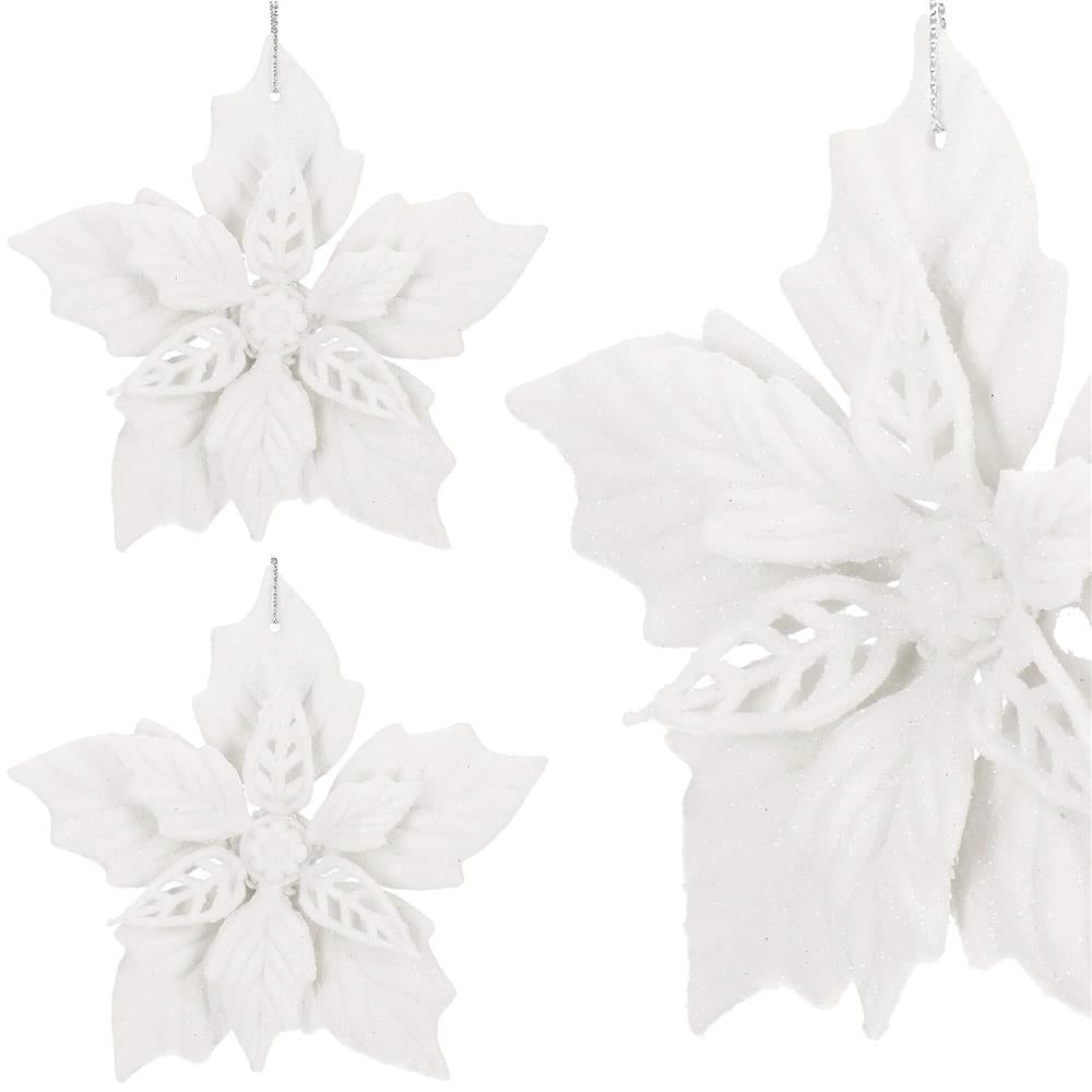 Set 10 flori de Craciun 12 cm, ornamente cu sclipici, plastic, alb