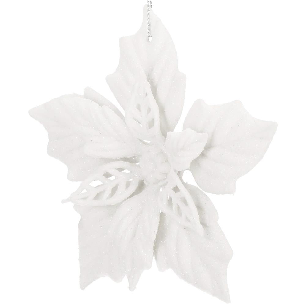Set 10 flori de Craciun 12 cm, ornamente cu sclipici, plastic, alb