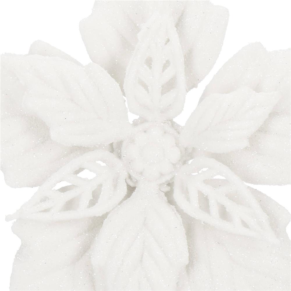 Set 10 flori de Craciun 12 cm, ornamente cu sclipici, plastic, alb
