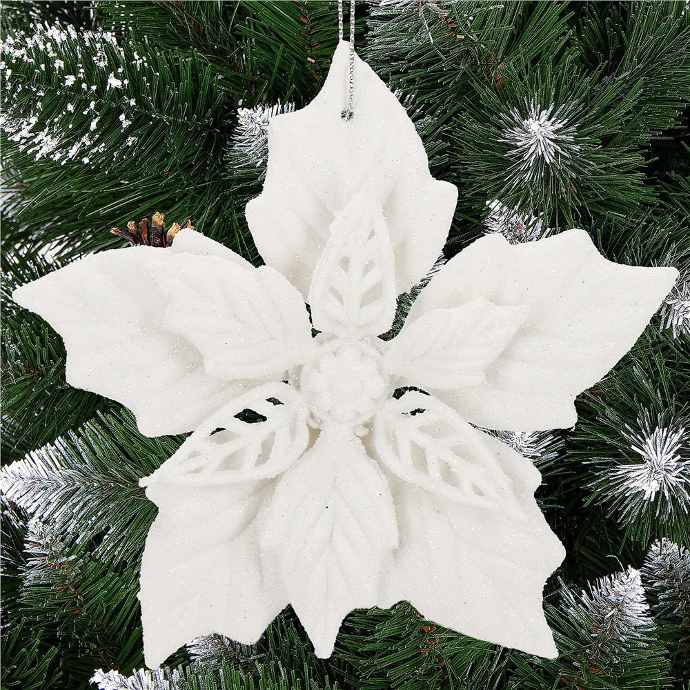 Set 10 flori de Craciun 12 cm, ornamente cu sclipici, plastic, alb