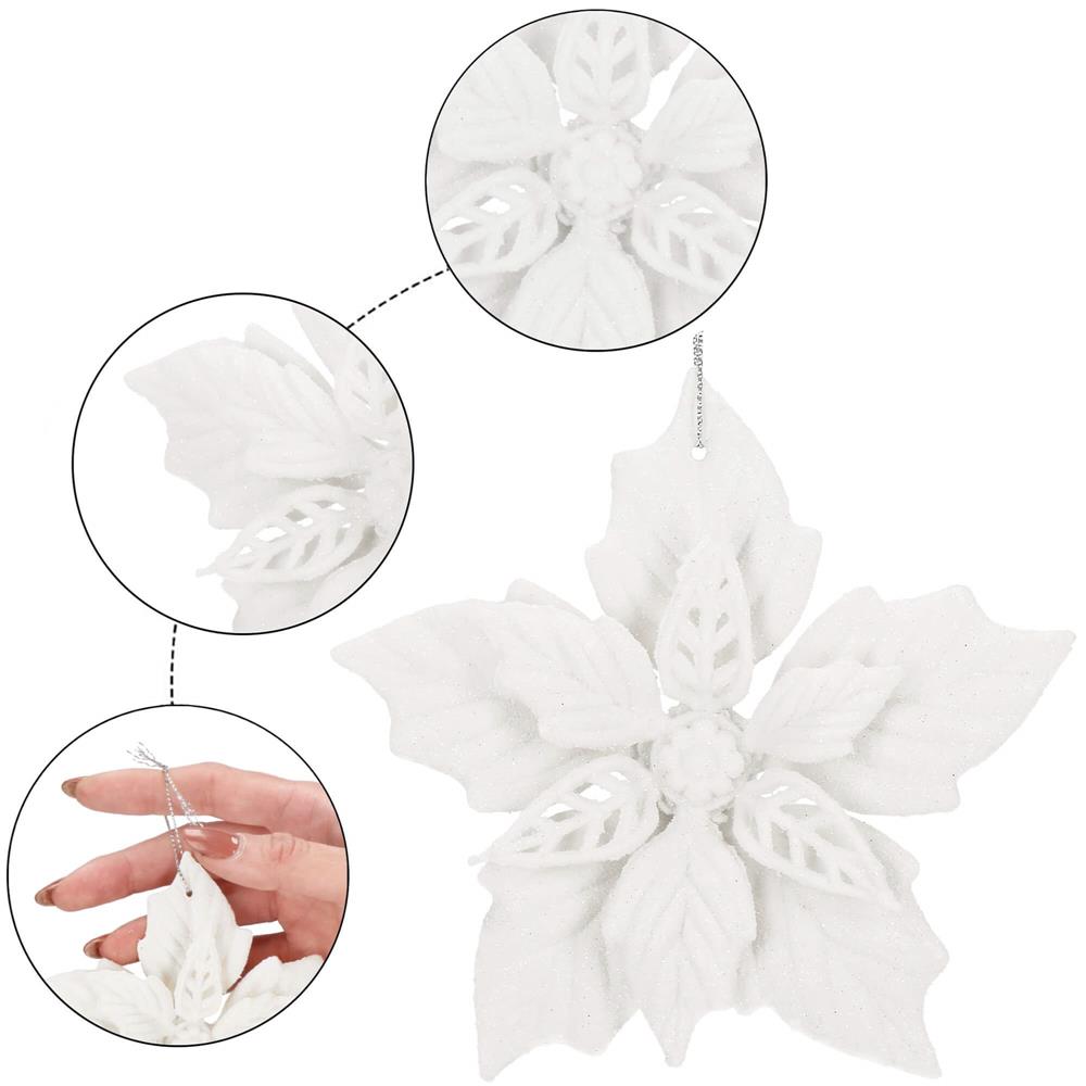 Set 10 flori de Craciun 12 cm, ornamente cu sclipici, plastic, alb