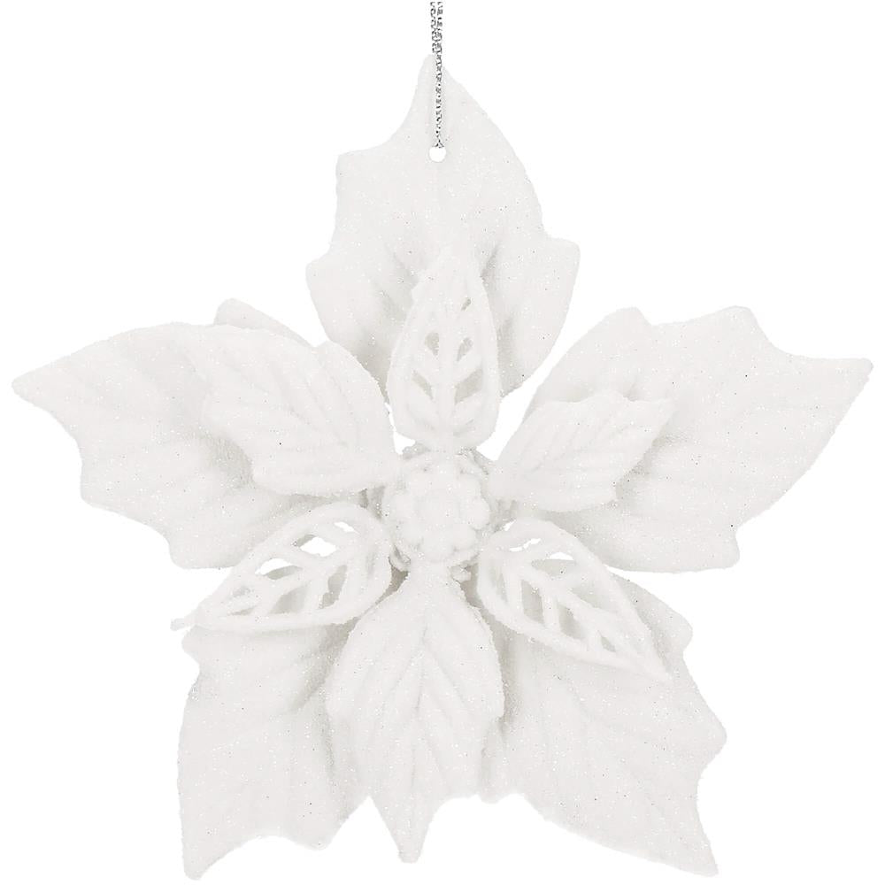 Set 10 flori de Craciun 12 cm, ornamente cu sclipici, plastic, alb