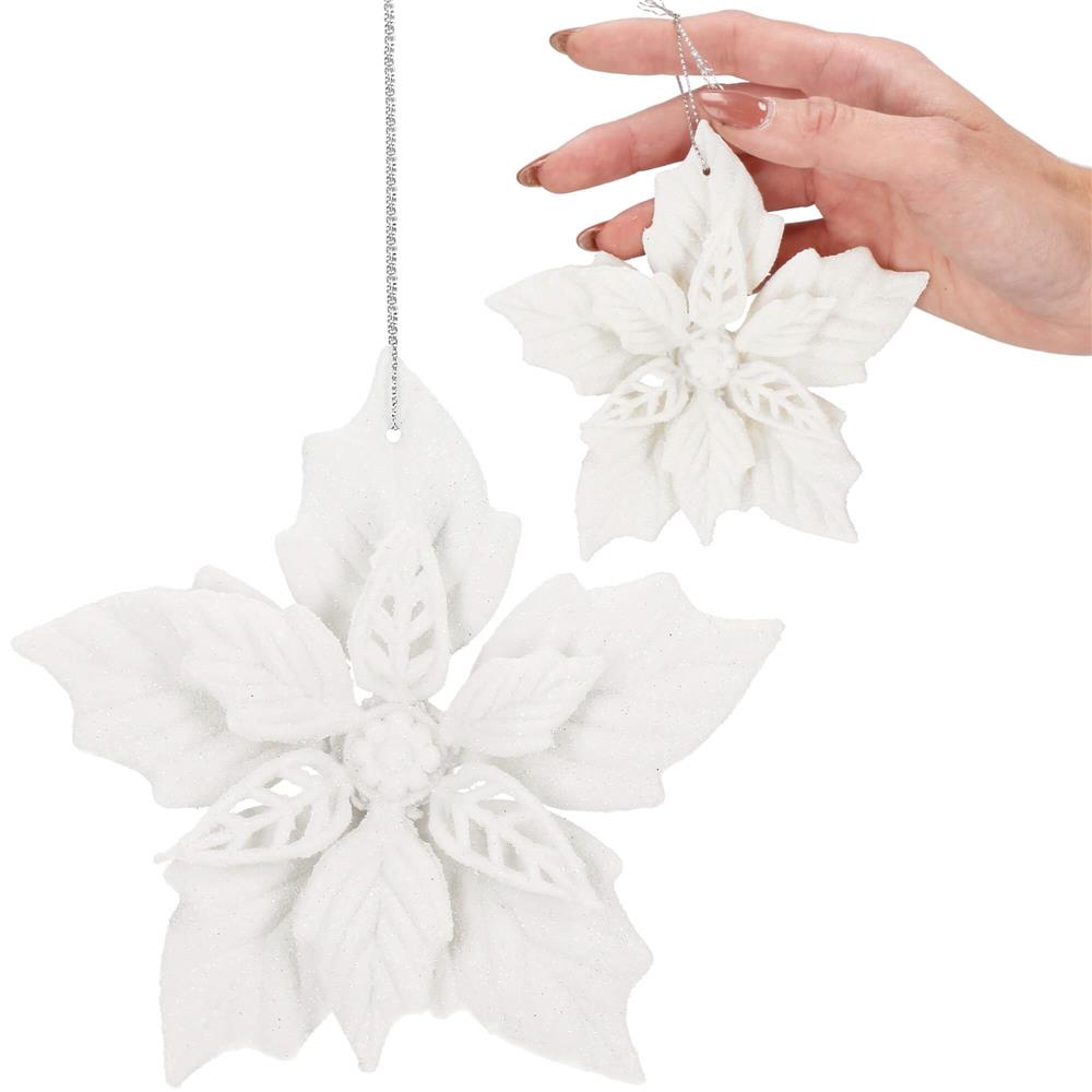 Set 10 flori de Craciun 12 cm, ornamente cu sclipici, plastic, alb