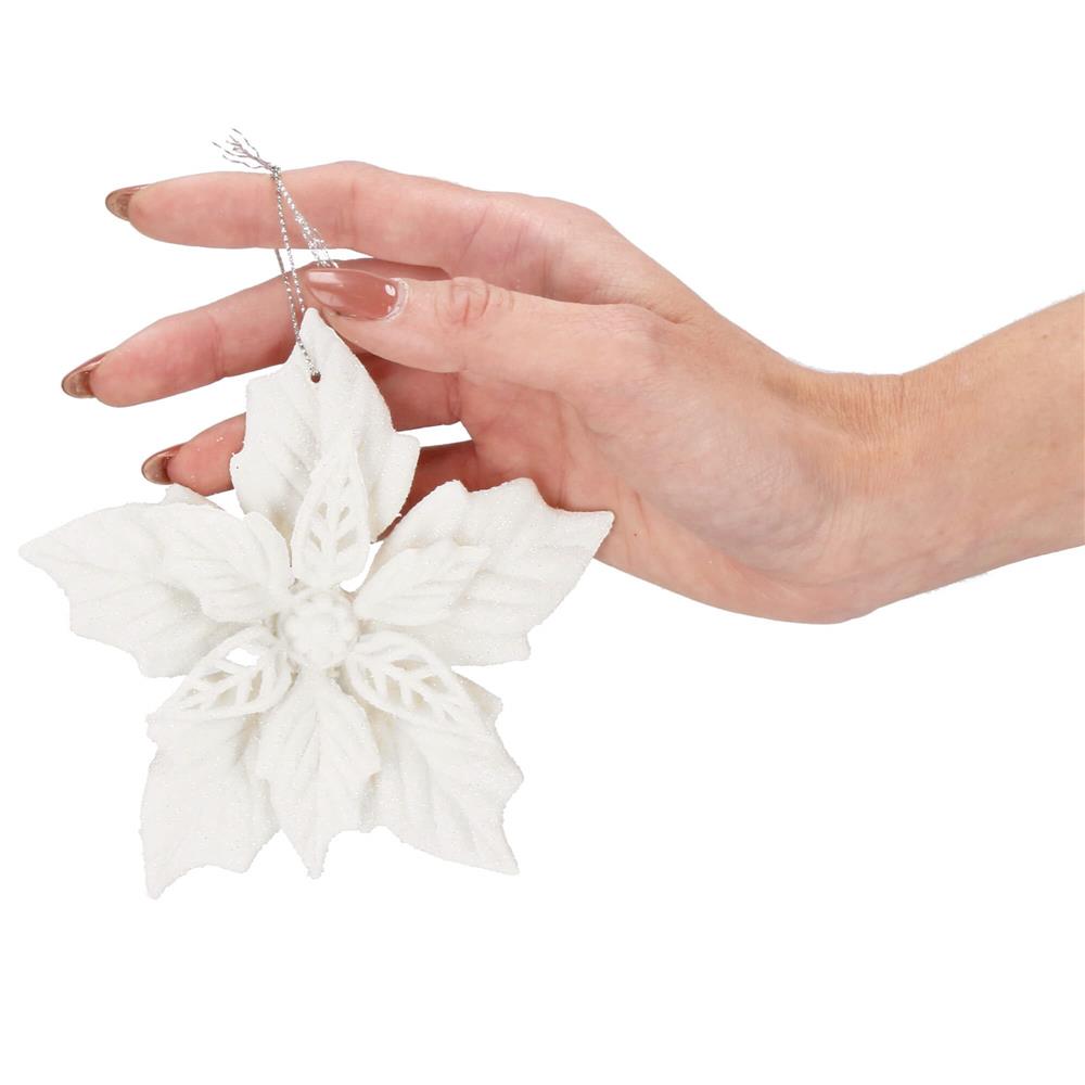 Set 10 flori de Craciun 12 cm, ornamente cu sclipici, plastic, alb