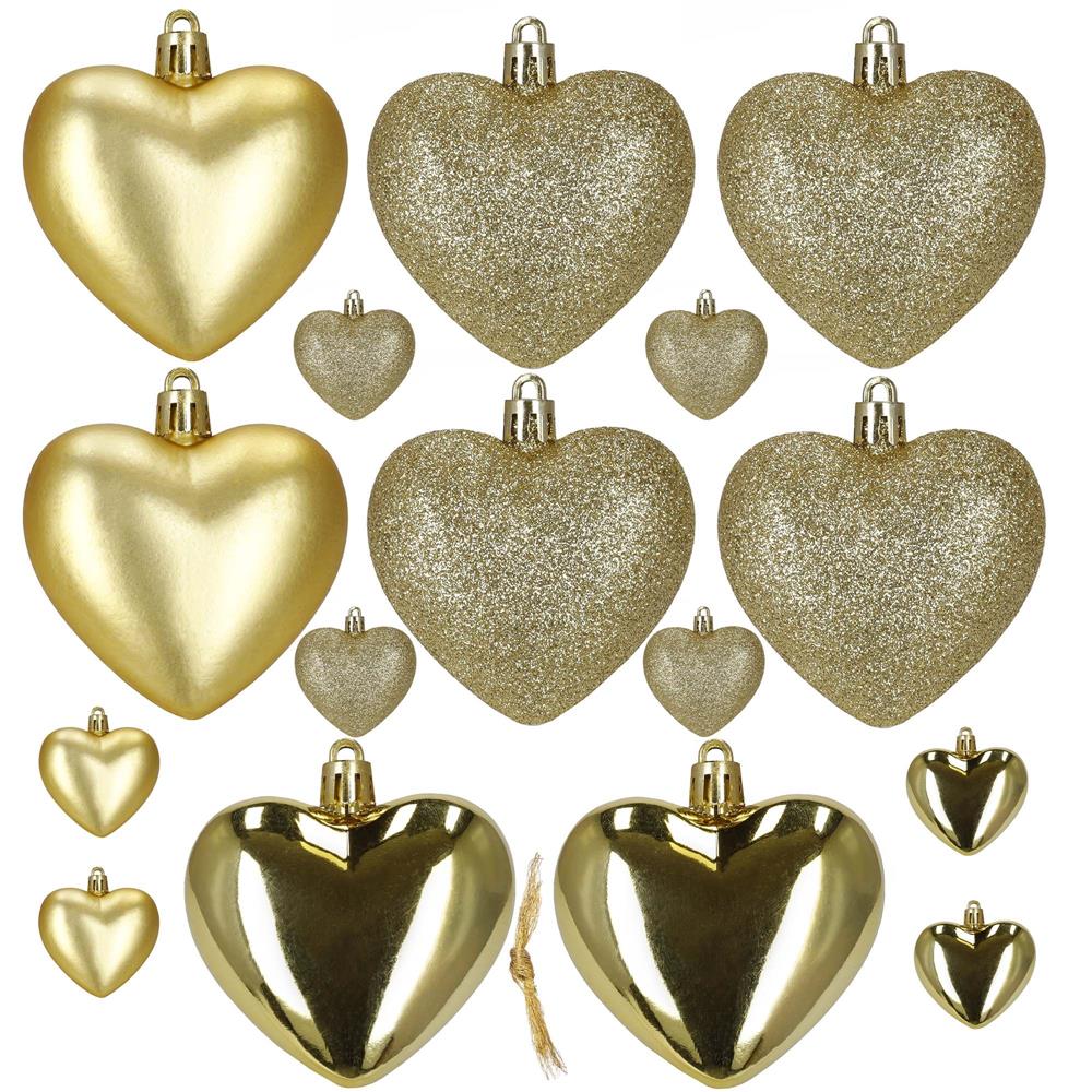 Set globuri decorative in forma de inima, 16 bucati, plastic, 4-7 cm, auriu