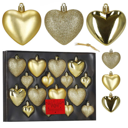 Set globuri decorative in forma de inima, 16 bucati, plastic, 4-7 cm, auriu - 2