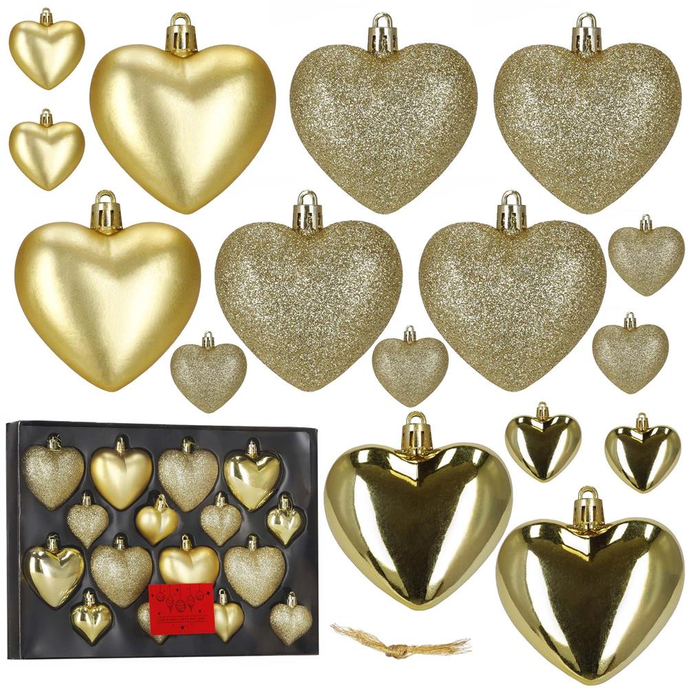 Set globuri decorative in forma de inima, 16 bucati, plastic, 4-7 cm, auriu