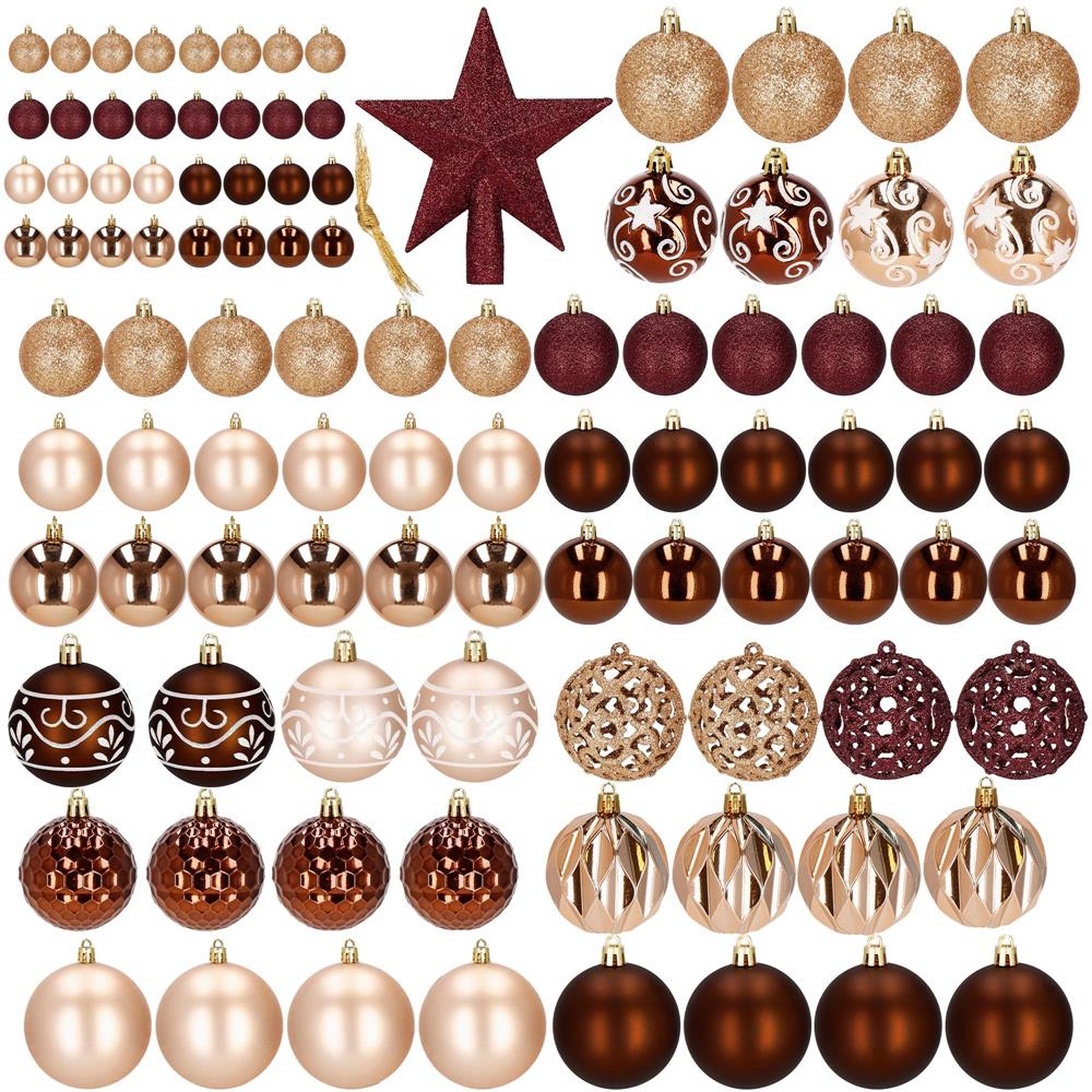 Set globuri brad si varf stea, 101 piese, plastic, 3–7 cm, maro si rose gold