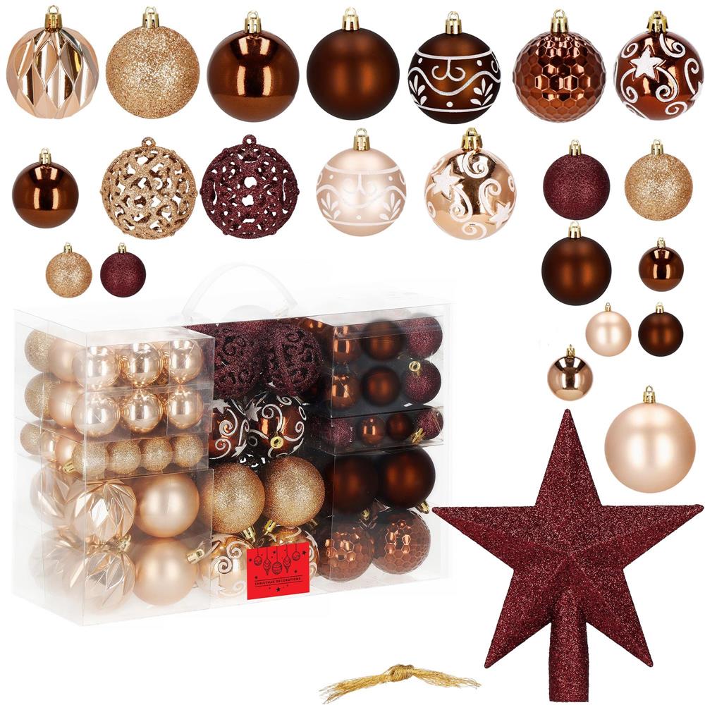 Set globuri brad si varf stea, 101 piese, plastic, 3–7 cm, maro si rose gold
