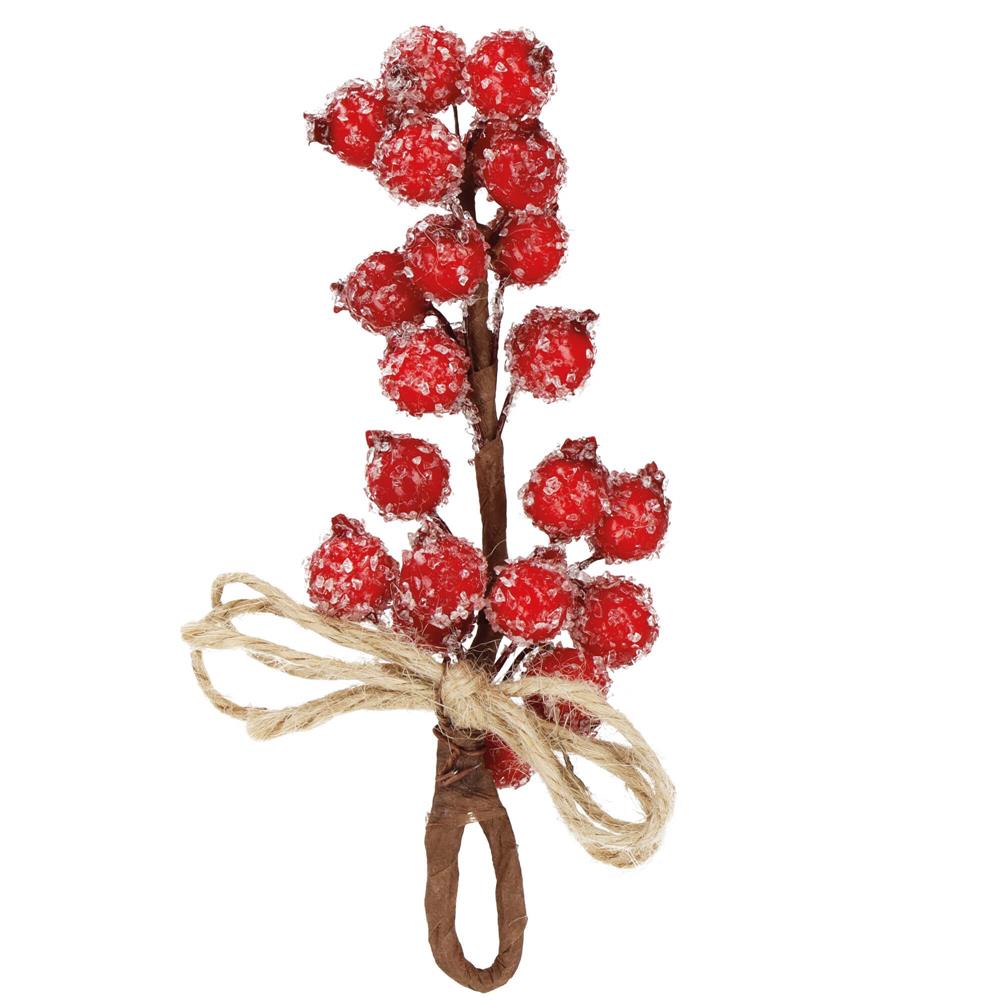 Ramura decorativa cu boabe de merisoare artificiale si snur din iuta, 15x5,5 cm, rosu