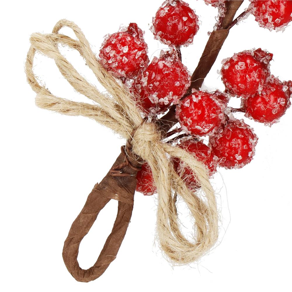 Ramura decorativa cu boabe de merisoare artificiale si snur din iuta, 15x5,5 cm, rosu