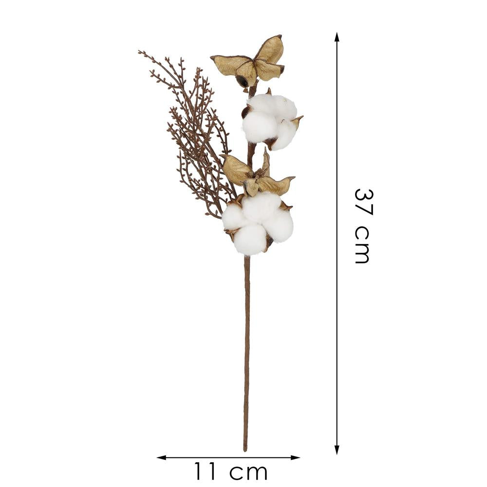 Ramura decorativa Craciun cu bumbac si plante uscate, 37 cm, alb/maro