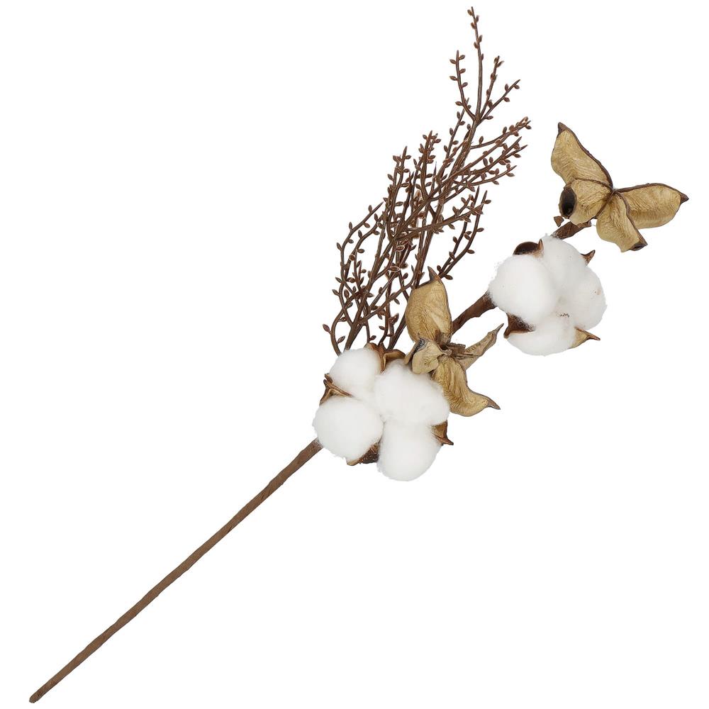Ramura decorativa Craciun cu bumbac si plante uscate, 37 cm, alb/maro
