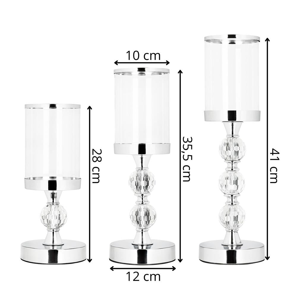 Set 3 sfesnice metalice cu glob cristal si abajur sticla, 28-41 cm, argintiu