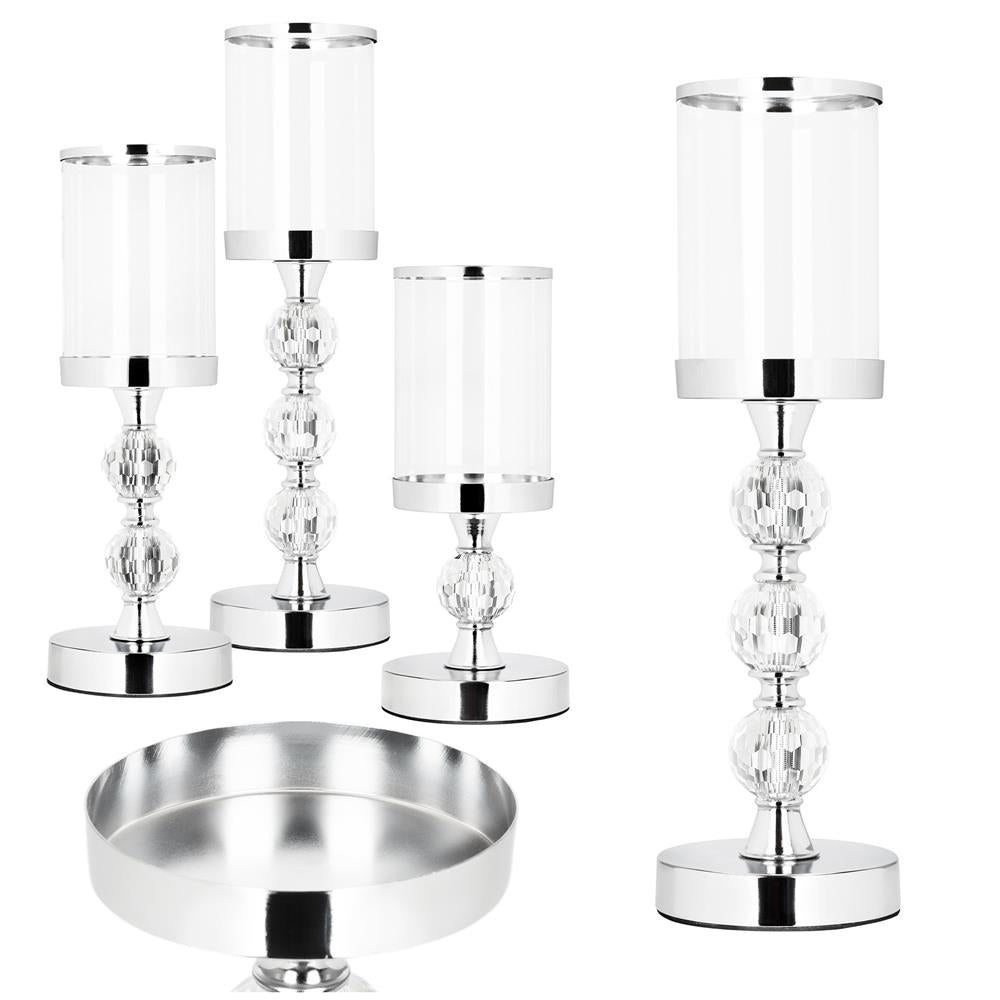 Set 3 sfesnice metalice cu glob cristal si abajur sticla, 28-41 cm, argintiu