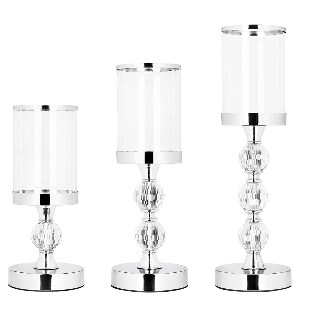 Set 3 sfesnice metalice cu glob cristal si abajur sticla, 28-41 cm, argintiu